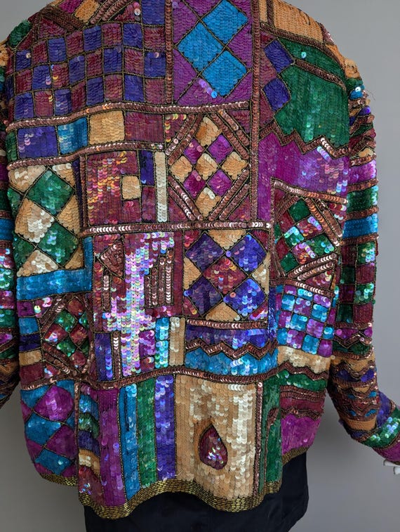Vintage Sequin Jacket – 100% Silk Patchwork Blaze… - image 8