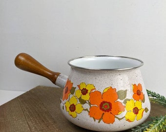 Fondue pot, vintage enamel pot, 70s wood handle cookware, orange flowers,