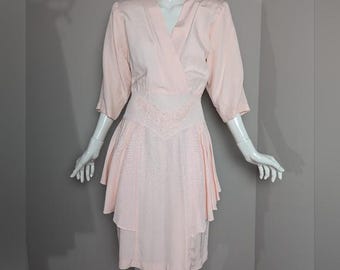 vintage women's dress 80s prom peach peplum pencil dress 6/7