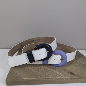 Vintage 80s 90s Leather Belt Set White Colorblock Round Buckle Size Medium 30–34 Inch Waist