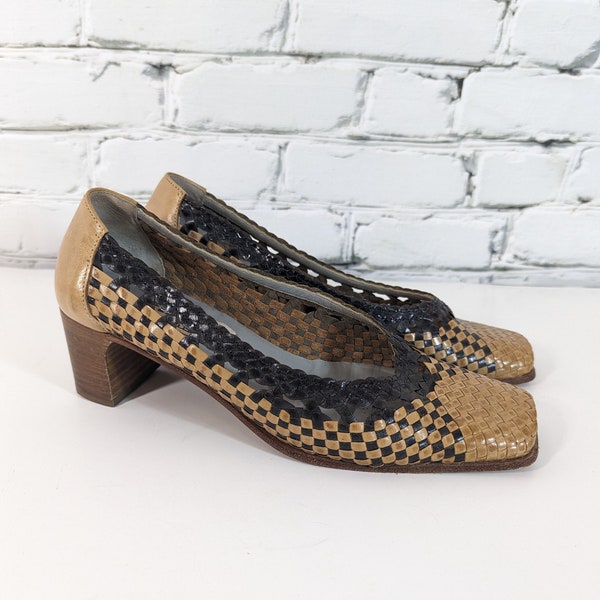 90s Heels, vintage heels, Woven leather square toe shoes for women, tan and black size 37, FX lasalle.