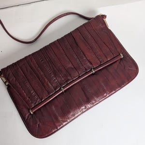 Vintage Eel Skin Purse, Red and Gold Handbag Clutch, Retro Leather Bag