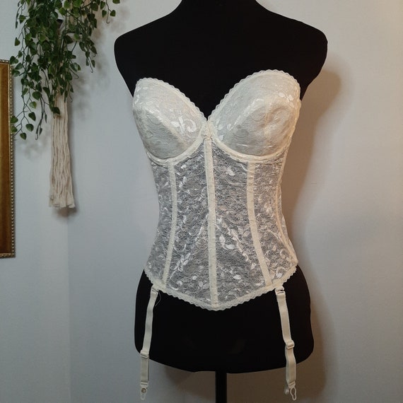 Vintage lingerie, ivory lace corset with garters,