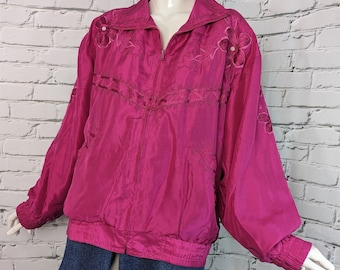 Pink bomber jacket, vintage track suit jacket, embroidered jacket, zip up, 80s 90s jacket Rhoda Lynne Size small