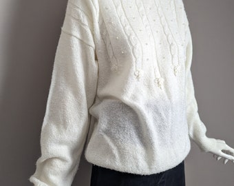 Vintage sweater, cute floral appliques and beading, white knit top,