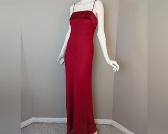 Vintage 90s Red Bias Cut Slip Dress by Jump Satin Sheer Overlay Spaghetti Strap