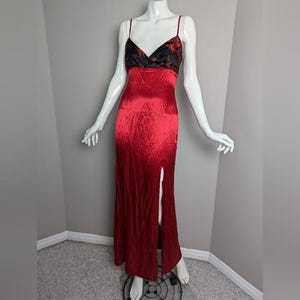 Christian Doucet Vintage 90s Red Satin Maxi Dress Empire Waist Formal Gown