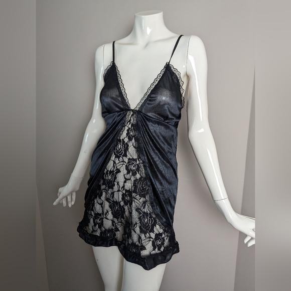 Vintage Black Lace Slip Dress Nylon Mini Lingerie XS/S Adjustable Straps 90s