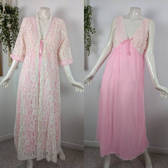 Vintage Dressing Gown Nightgown and Robe Set Lace Lingerie Set Maxi Slip Dress 60s Housecoat Set Pink Chiffon Etsy UK