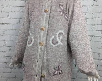 1990's angora knit sweater, dusty pink oversized cardigan, beaded and embroidered size L/XL