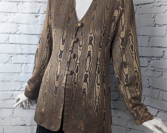 Printed blazer, Shiny fabric blazer, Wood print jacket, 80s 90s blazer