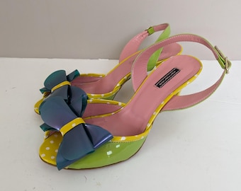 Vintage Fornarina Slingback Heels – Y2K Polka Dot Bow Kitten Pumps – Size 7