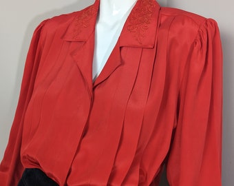 90s satin blouse, Red blouse, Embroidered collar, flowy shirt, pleated front shirt