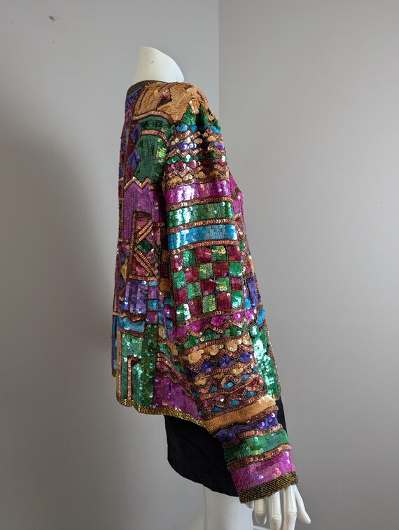 Vintage Sequin Jacket – 100% Silk Patchwork Blaze… - image 5