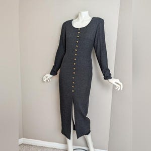 Vintage Wool Blend Midi Dress Gray Button Front Long Sleeve Fitted 80s Minimalist XS S