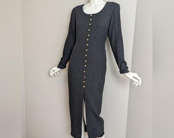 Vintage Wool Blend Midi Dress Gray Button Front Long Sleeve Fitted 80s Minimalist XS S