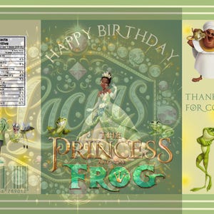 May include: Green and yellow birthday party favor bag featuring a princess and frog design. The bag has the words "Happy Birthday" and "The Princess and the Frog" on it. It also has a nutrition facts label and a barcode.