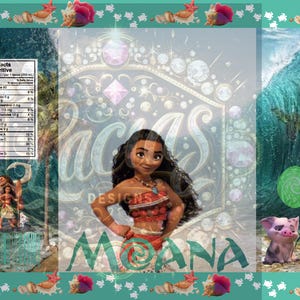 May include: A colourful illustration of Moana, a Polynesian princess, with a blue and green ocean background. The text "DESIGNS" and "MOANA" are visible in the image.