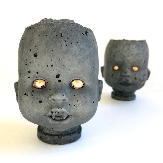 PeaboZombie Baby Doll Head Planter V2.0 (fangs)- Hypertufa