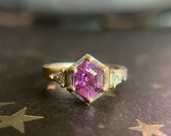 14K Champagne Gold Pink Sapphire Engagement Ring With Side Triangle Diamonds