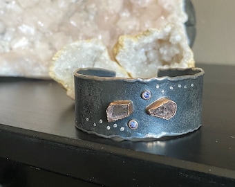 Sterling Silver and Rose Gold Cuff Bracelet with Rough Morganite, Tanzanite & Diamonds, Multi Gemstone Bracelet, Bracelet Gift for Her