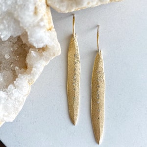 14K Gold Leaf Earrings With White Diamonds image 1