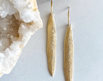 14K Gold Leaf Earrings With White Diamonds