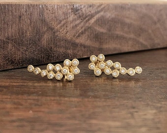 14K Gold Cluster Ear Climber Earrings with White Diamonds