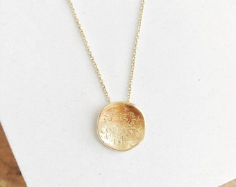 Gold Organic Disc Necklace, Gold Necklace, Rustic Necklace, Full Moon Necklace