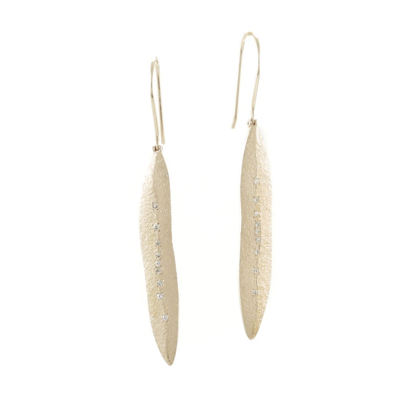 14K Gold Leaf Earrings With White Diamonds image 2