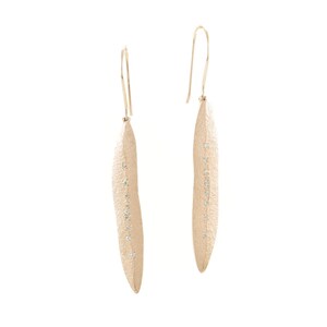 14K Gold Leaf Earrings With White Diamonds image 4