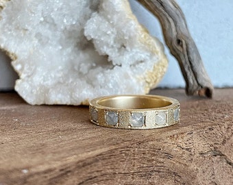 Women's 14K Gold Band with Rustic White Cushion Cut Diamonds