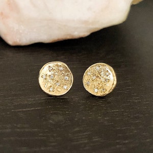 Gold Diamond Full Moon Earrings Stud Earrings Pave Diamonds, 14K Gold Organic Disc Earrings, Full Moon Earrings image 1