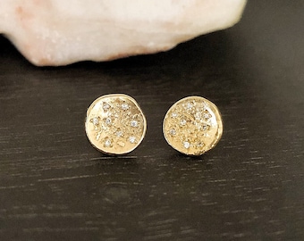 Gold Diamond Full Moon Earrings Stud Earrings Pave Diamonds, 14K Gold Organic Disc Earrings, Full Moon Earrings