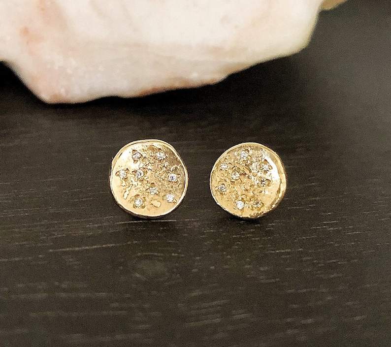 Gold Diamond Full Moon Earrings Stud Earrings Pave Diamonds, 14K Gold Organic Disc Earrings, Full Moon Earrings image 1