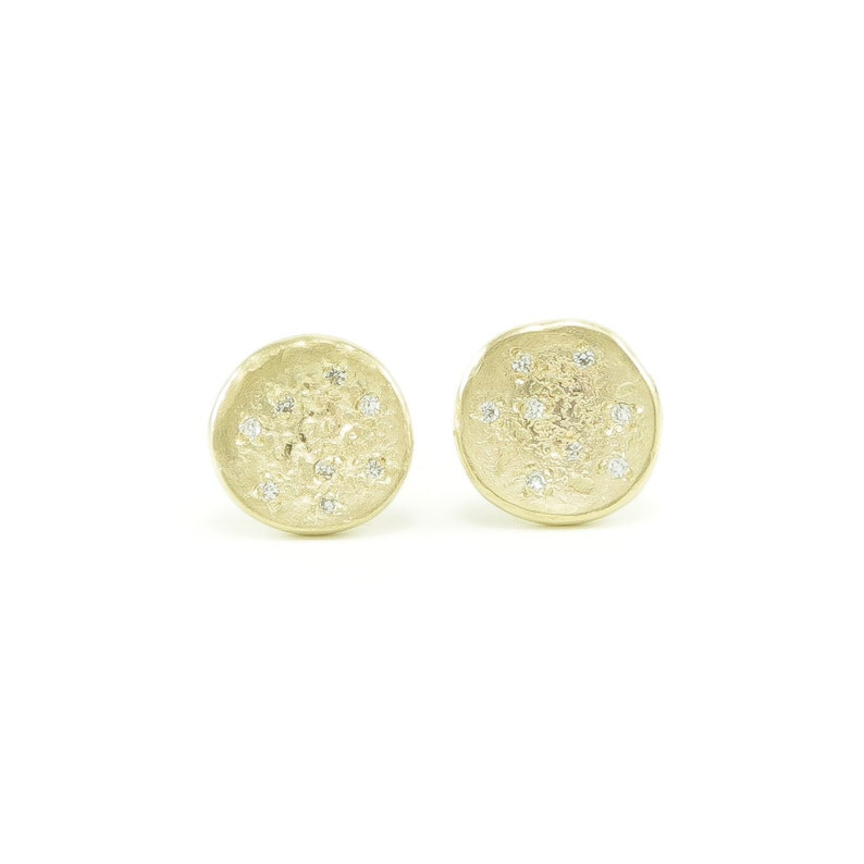 Gold Diamond Full Moon Earrings Stud Earrings Pave Diamonds, 14K Gold Organic Disc Earrings, Full Moon Earrings image 2