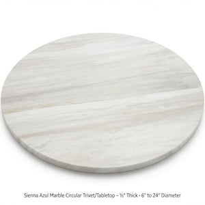 May include: A circular Sienna Azul marble trivet or tabletop featuring a smooth, polished surface with light grey and white veining. The product text indicates it is 0.5 inches thick and available in diameters ranging from 6 to 24 inches.