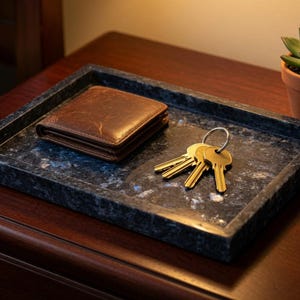 May include: A rectangular dark blue and black marbled stone tray holding a brown leather bi-fold wallet and a set of three brass-colored metal keys on a silver-toned split ring. The tray has a smooth, polished finish with visible white veining.