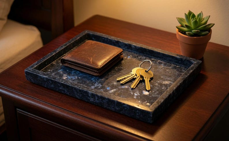 May include: A rectangular dark blue and black marbled stone tray holding a brown leather bi-fold wallet and a set of three brass-colored metal keys on a silver-toned split ring. The tray has a smooth, polished finish with visible white veining.
