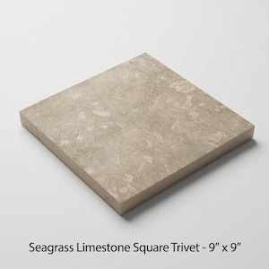 Puede incluir: Un salvamanteles cuadrado de piedra caliza Seagrass que mide 22,86 cm por 22,86 cm. La superficie de piedra presenta una paleta de colores beige y tostado moteado natural con inclusiones fosilizadas visibles y una parte superior lisa y plana.
