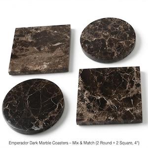 Emperador Dark Marble coasters, set of four 4" diameter coasters, available in round and square.