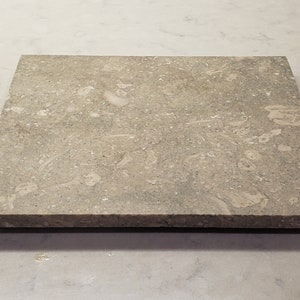 Puede incluir: Un azulejo cuadrado de color gris claro con un patrón moteado y marmoleado. El azulejo tiene una superficie rugosa y texturizada.