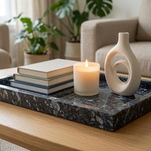 May include: A rectangular dark blue and black speckled stone tray holding a stack of three books with light-colored covers, a lit white candle in a glass jar, and a matte white ceramic vase with a central circular cutout design.
