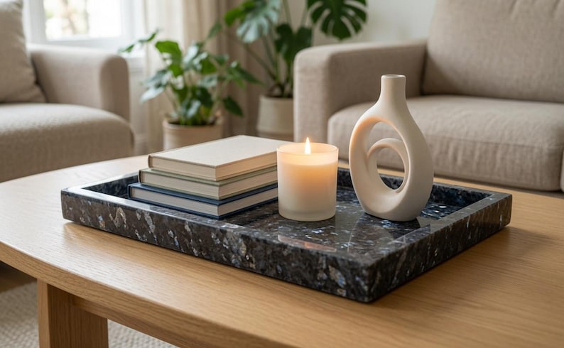 May include: A rectangular dark blue and black speckled stone tray holding a stack of three books with light-colored covers, a lit white candle in a glass jar, and a matte white ceramic vase with a central circular cutout design.