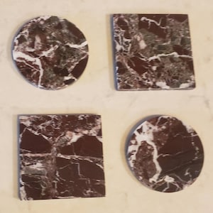 Rosso Levanto, Red and white, Burgundy Marble coasters, set of four 4&quot; diameter coasters, available in round and square.