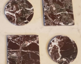 Rosso Levanto, Red and white, Burgundy Marble coasters, set of four 4" diameter coasters, available in round and square.