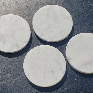 Bianco Carrara Marble coasters set of 4 coaster round, square, or mix and match. A rich creamy white grey with blue accents 4&quot; diameter