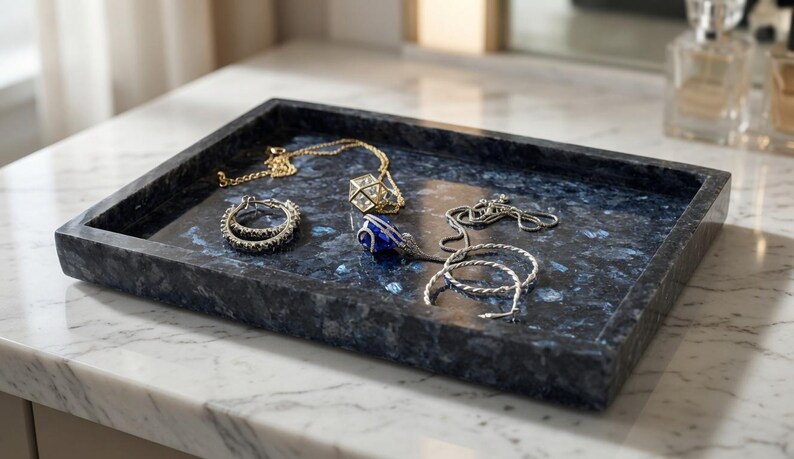 May include: A rectangular dark blue stone tray with a mottled texture containing a gold chain necklace with a geometric pendant, a pair of silver hoop earrings, a blue teardrop pendant on a chain, and a silver twisted bangle bracelet.