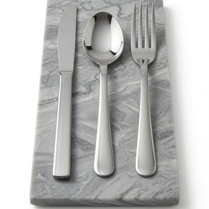 May include: A rectangular grey marble platter featuring a polished silver-tone knife, spoon, and fork arranged vertically. The text "Vogue Gray Marble Silverware Platter – Set of 4" is printed at the bottom of the image, identifying the product.