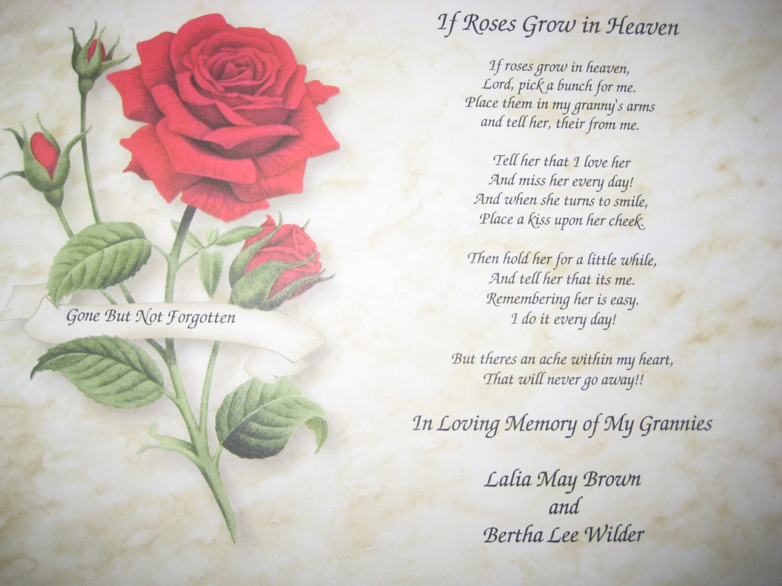 If Roses Grow in Heaven Poem Print Personalized in Memory of Grandma